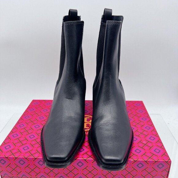 Tory Burch Medallion-Plaque 35mm Chelsea Ankle Boots Black Leather Pull On US 6 - Picture 4 of 13